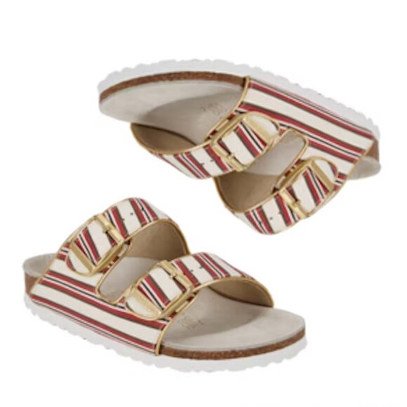 Birkenstock 2014 Resort Striped Arizona Dual Strap White Sole Sandals Slides - Picture 2 of 9